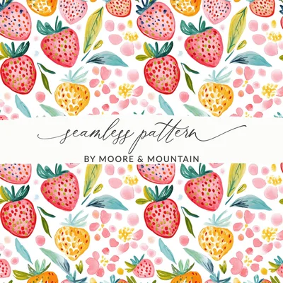 Watercolor Strawberry Seamless Pattern Digital Paper, Hand-painted Fruity Summer Fruit Design, Cute Berry Background File