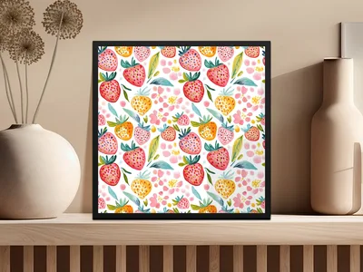 Watercolor Strawberry Seamless Pattern Digital Paper, Hand-painted Fruity Summer Fruit Design, Cute Berry Background File
