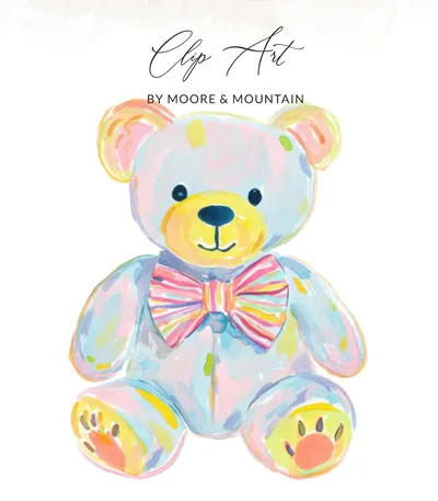 Watercolor Teddy Bear Digital Art, Pastel Nursery Decor Print, Cute Baby Shower Gift, Kids Room Wall Art, Printable Illustration PNG