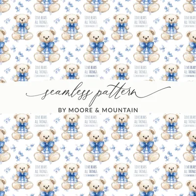 Watercolor Teddy Bear Seamless Pattern, Love Bears All Things Digital Paper, Baby Boy Nursery Christian Scripture Background, Printable