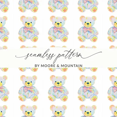 Watercolor Teddy Bear Seamless Pattern, Pastel Rainbow Bow Digital Paper, Cute Baby Nursery Art, Scrapbook Background, Digital Download