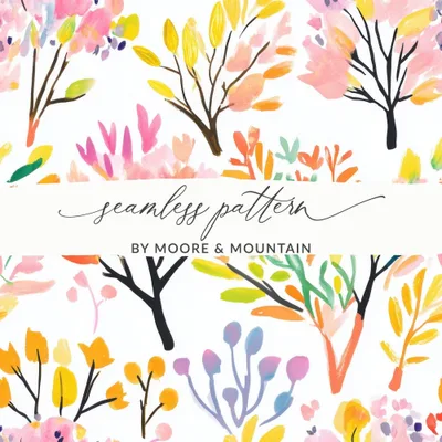 Watercolor Tree Seamless Pattern Digital Paper, Botanical Floral Design, Hand Painted Spring Print, Colorful Trees, Printable Digital