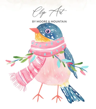 Watercolor Winter Bird with Scarf PNG SVG, Cozy Festive Animal Clipart, Cute Holiday Digital Download, Printable Christmas Art