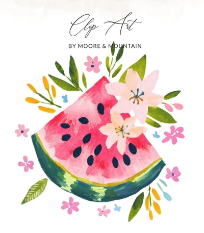 Watermelon Floral Digital Art Print, Summer Fruit Watercolor Botanical Painting, Whimsical Kitchen Wall Decor, Instant Download File SVG