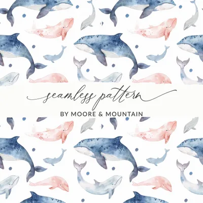 Whale Seamless Pattern Digital Paper, Ocean Watercolor, Sea Life Repeat Pattern for Fabric, Scrapbooking, Backgrounds, Digital Downloads