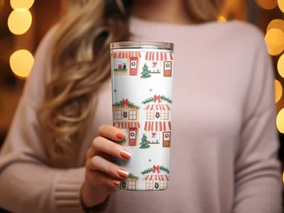 Whimsical Christmas Houses Holiday Season Repeating Pattern Digital