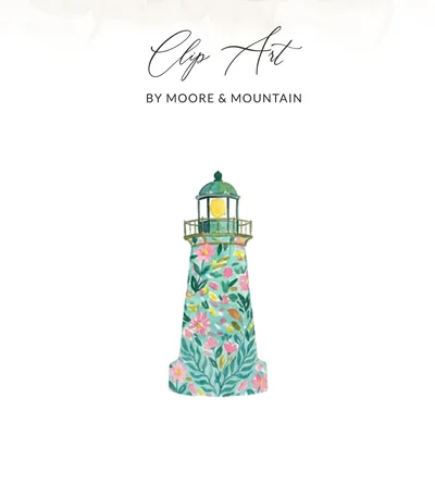Whimsical Coastal Lighthouse Floral Digital Art Print, Watercolor Ocean Beach Home Decor, Instant Download Wall Art Decor