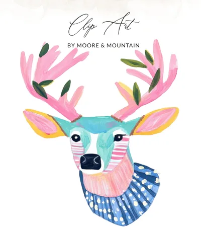 Whimsical Deer Art Print Digital, Colorful Animal Wall Art for Nursery, Boho Kids Room Decor, Unique Pink Antlers Artwork Download