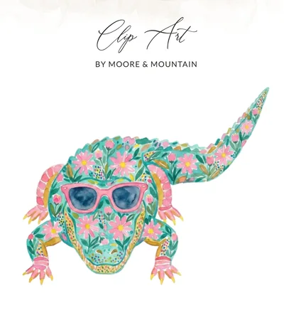 Whimsical Floral Alligator with Sunglasses Digital Art Print, Watercolor Gator Downloadable Preppy Animal Decor