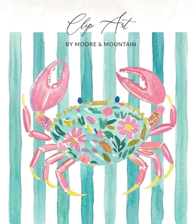 Whimsical Floral Crab Watercolor Digital Download T-Shirt Design, Beachy Nautical Pink Crab PNG File, Summer Ocean Animal Sublimation Art