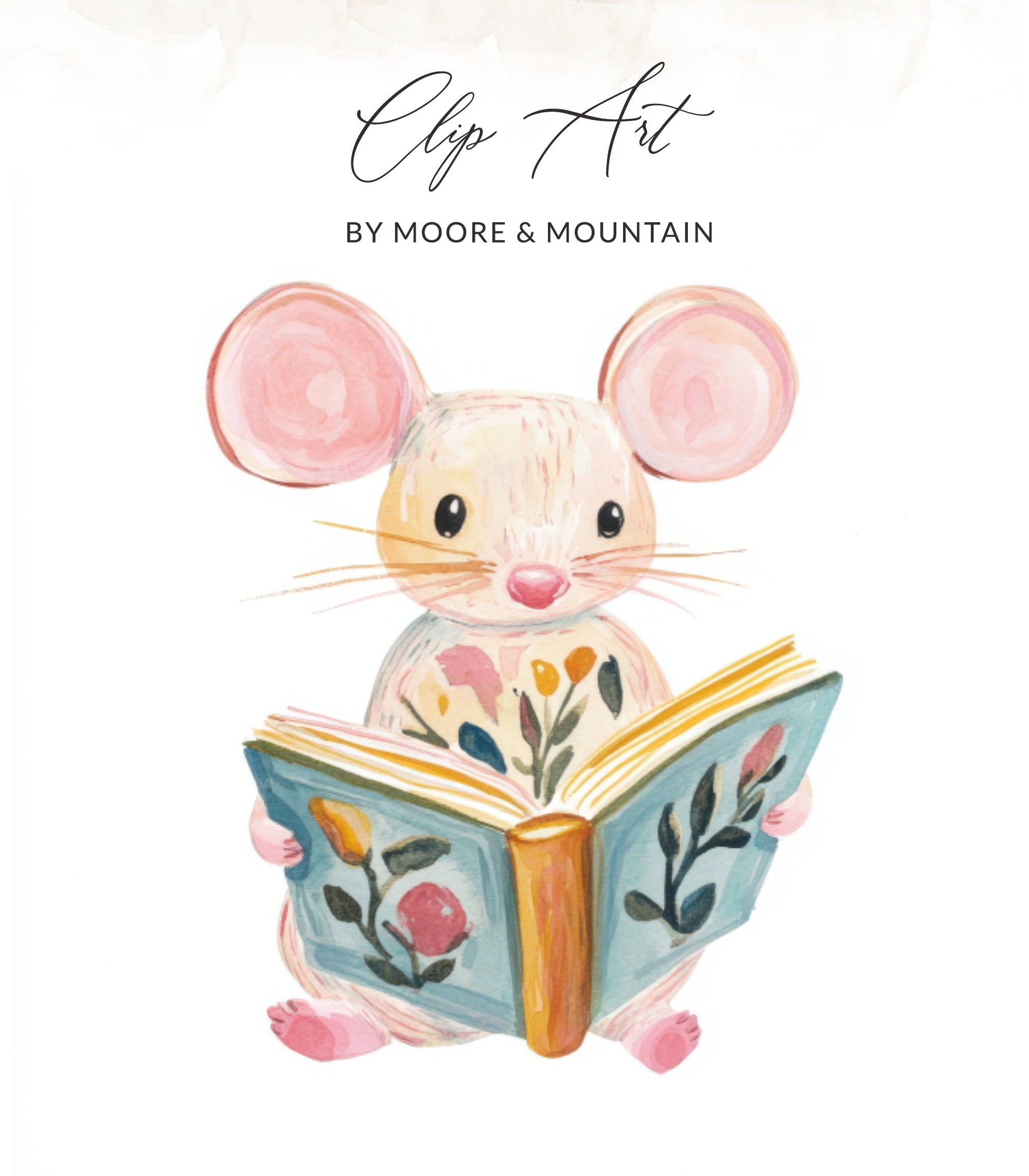Whimsical Mouse Reading Book Digital, Preppy Painterly SVG, Hand Painted PNG Clipart, Gouache Style Illustration, Cute Pastel Animal Art SVG