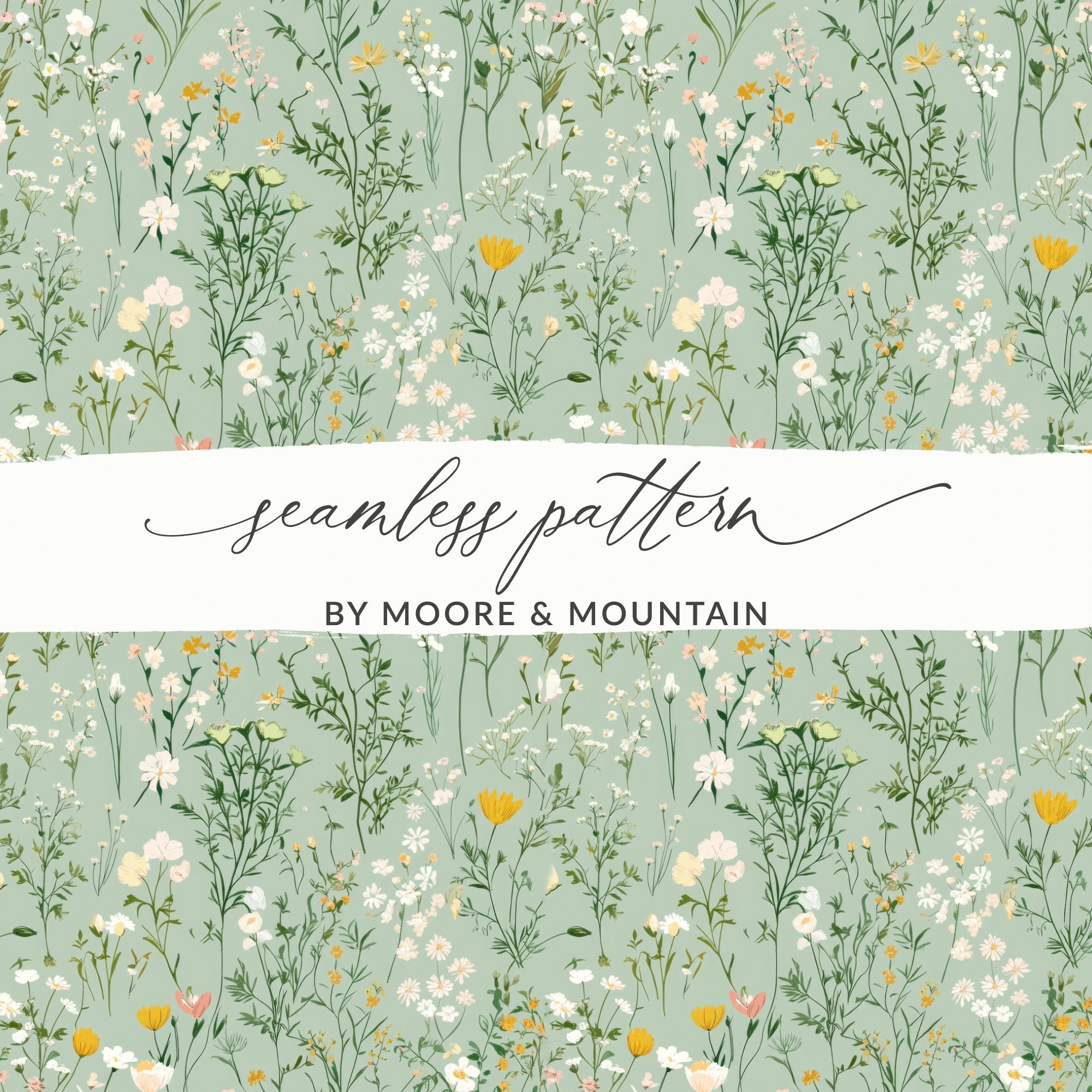 Wildflower Field Digital Paper, Seamless Floral Pattern, Sage Green Background, Digital Fabric Design, Repeating Pattern, 2 JPEG Scales