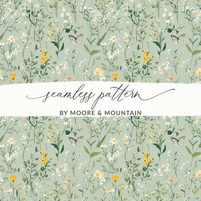 Wildflower Meadow Digital Seamless Pattern, Floral Butterfly Print, Botanical Scrapbook Paper, Fabric Design, Two Scale Options