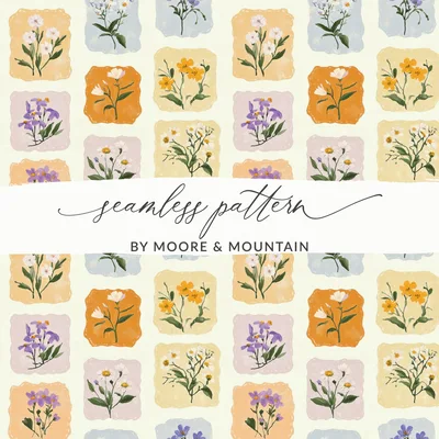 Wildflower Stamps Seamless Background Pattern Floral Vintage Background JPEG, Vintage Wildflower Wallpaper JPEG