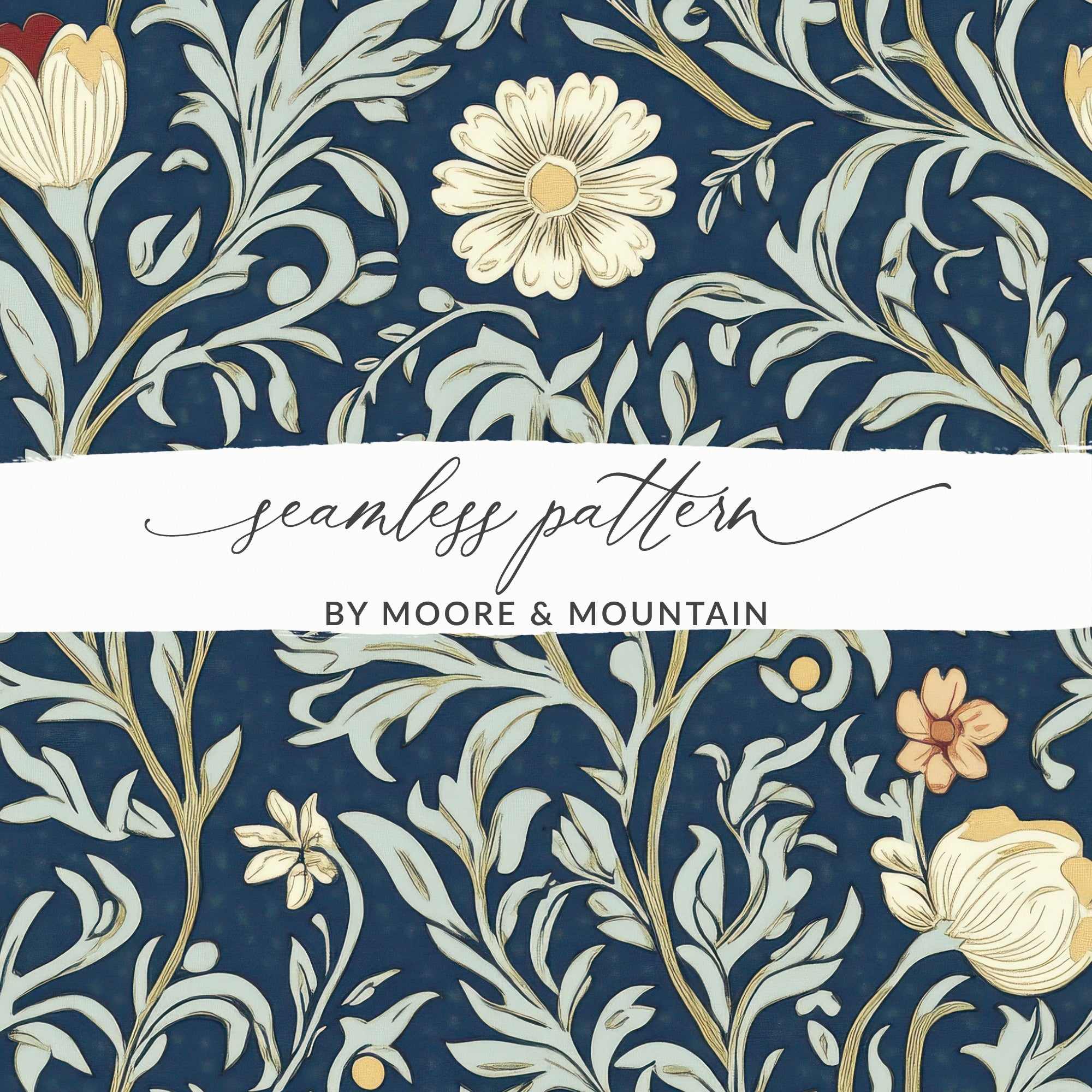 William Morris Seamless Pattern Navy Beige Light Blue Digital