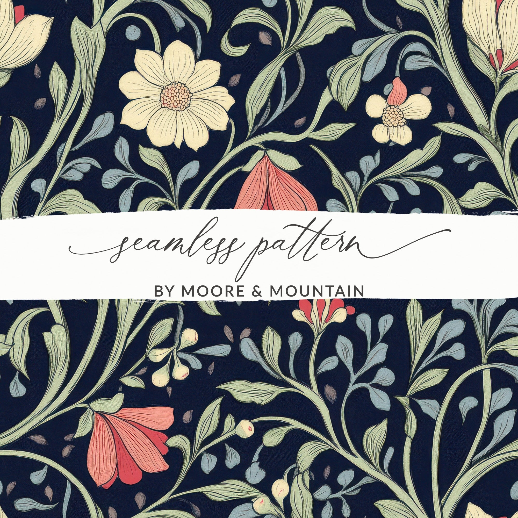 William Morris Seamless Pattern Navy Green Coral Digital