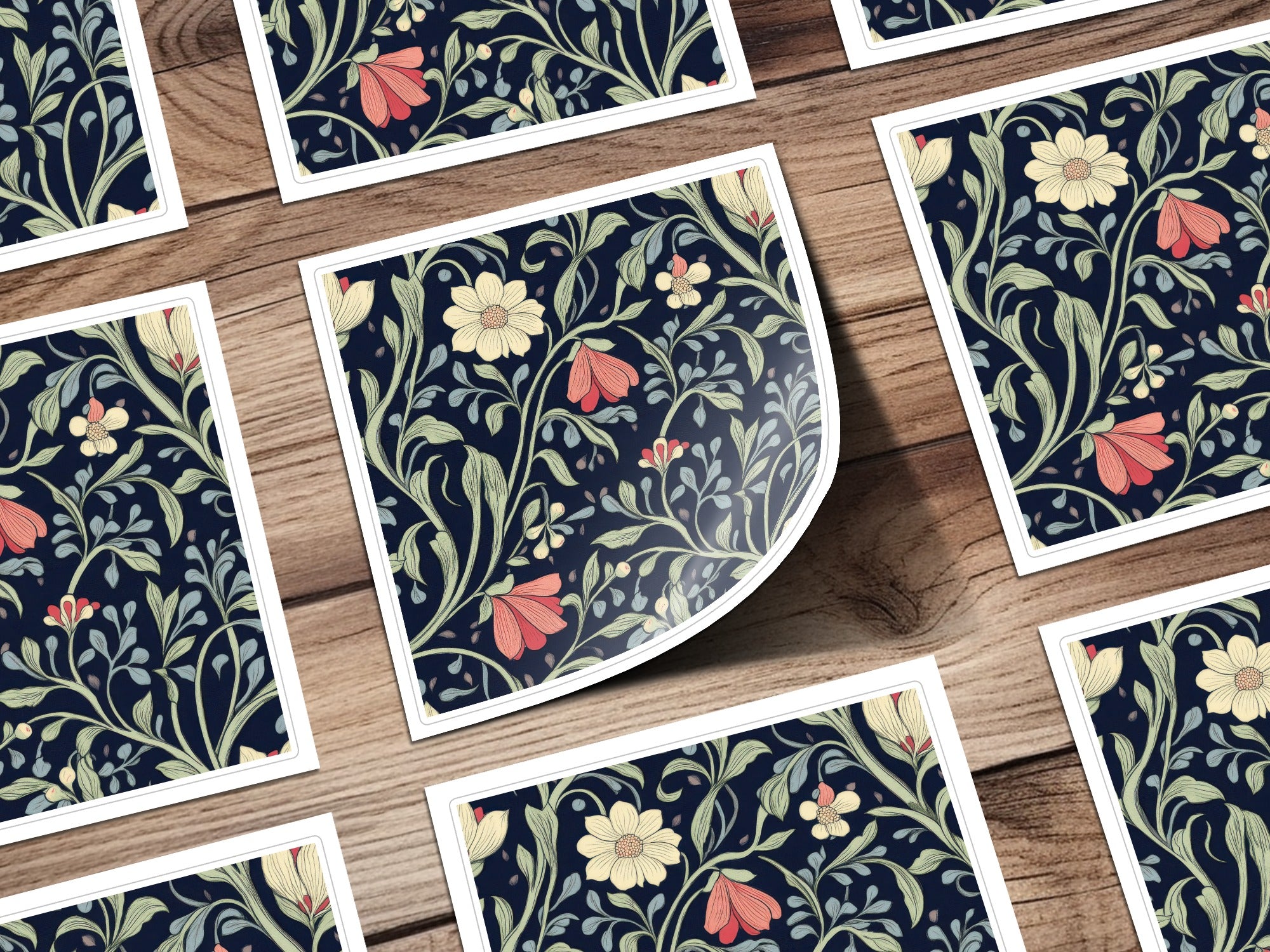 William Morris Seamless Pattern Navy Green Coral Digital
