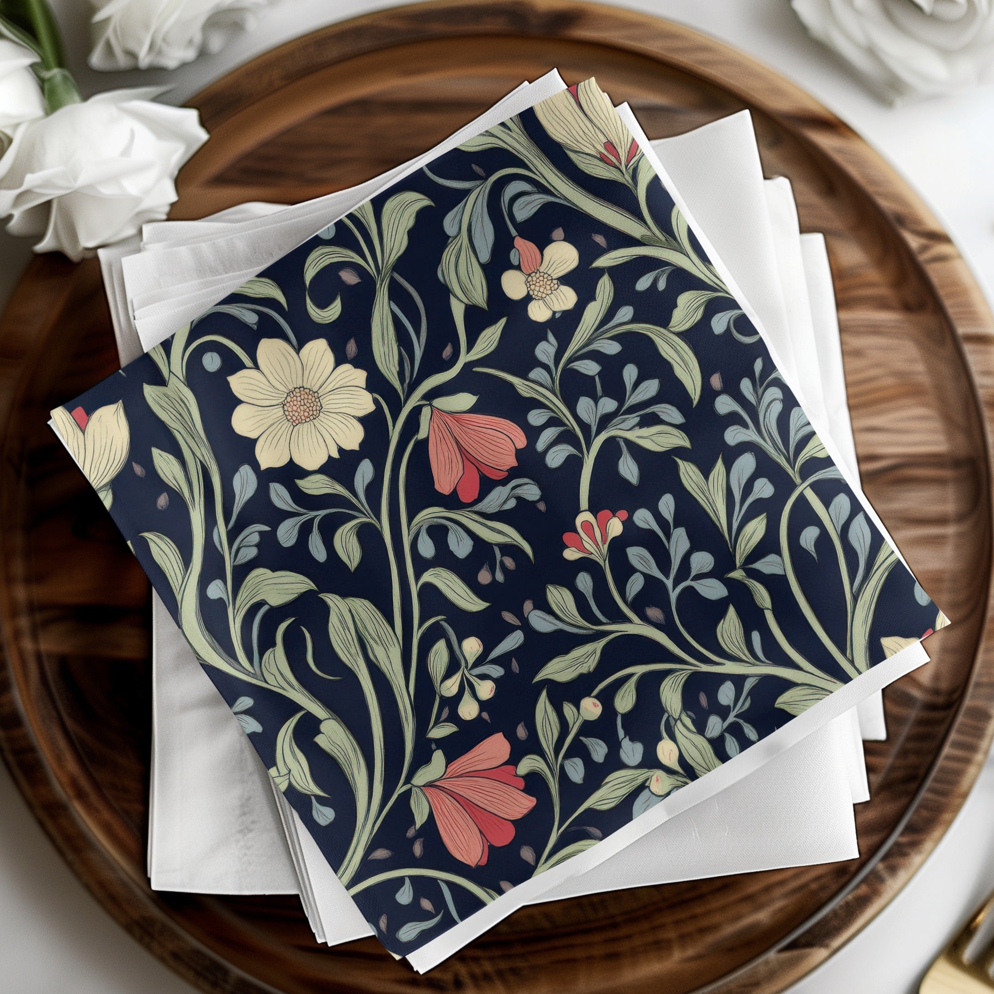 William Morris Seamless Pattern Navy Green Coral Digital