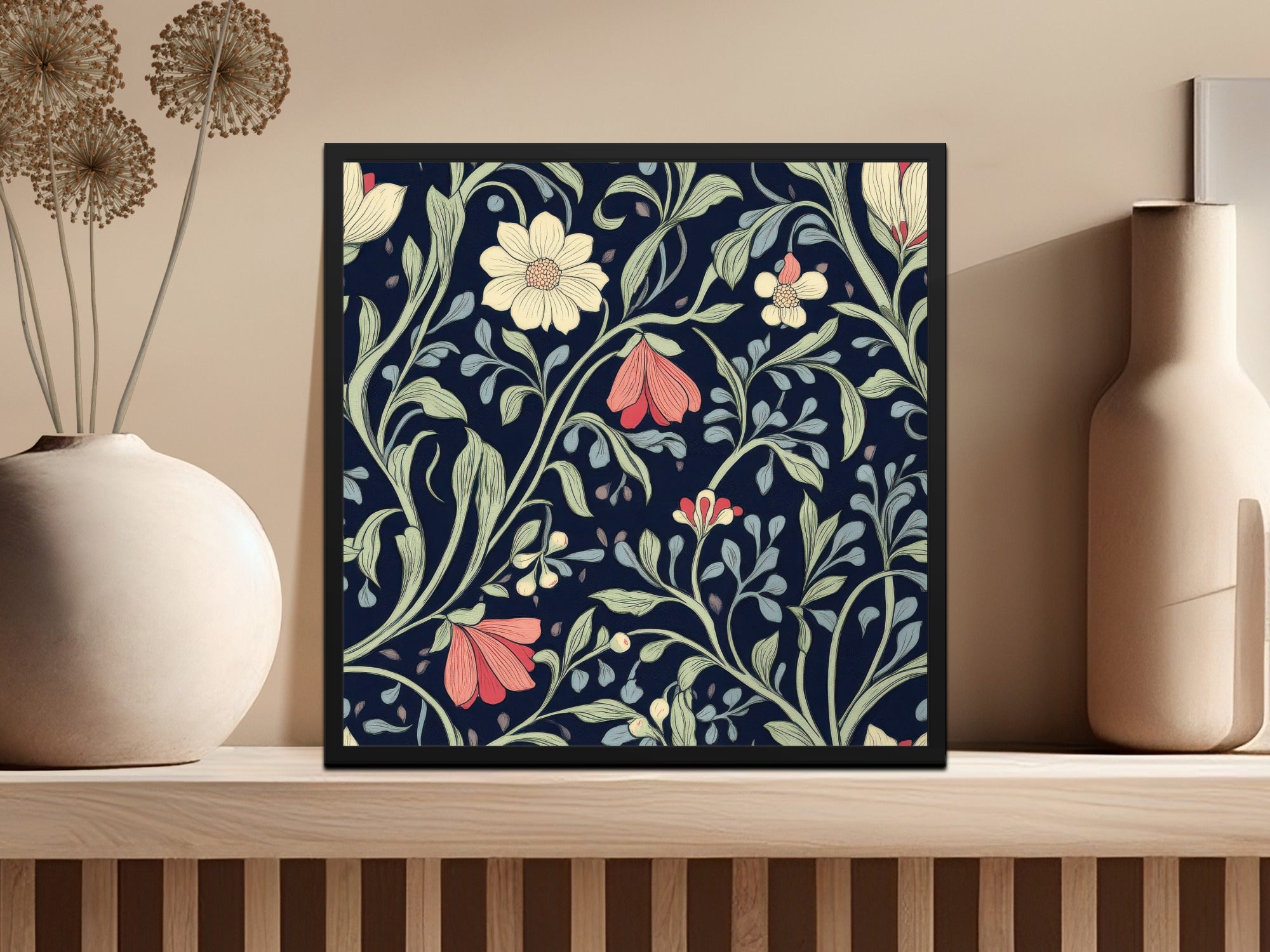 William Morris Seamless Pattern Navy Green Coral Digital