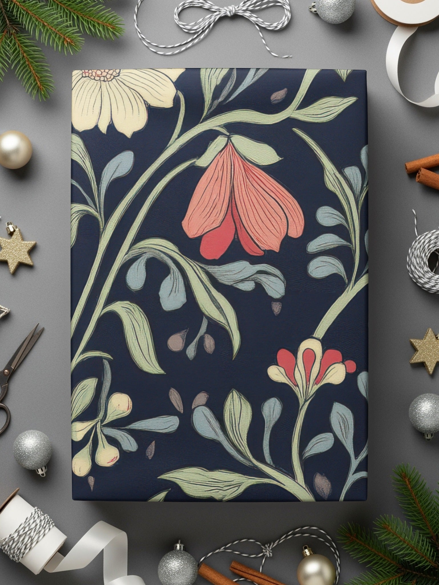 William Morris Seamless Pattern Navy Green Coral Digital