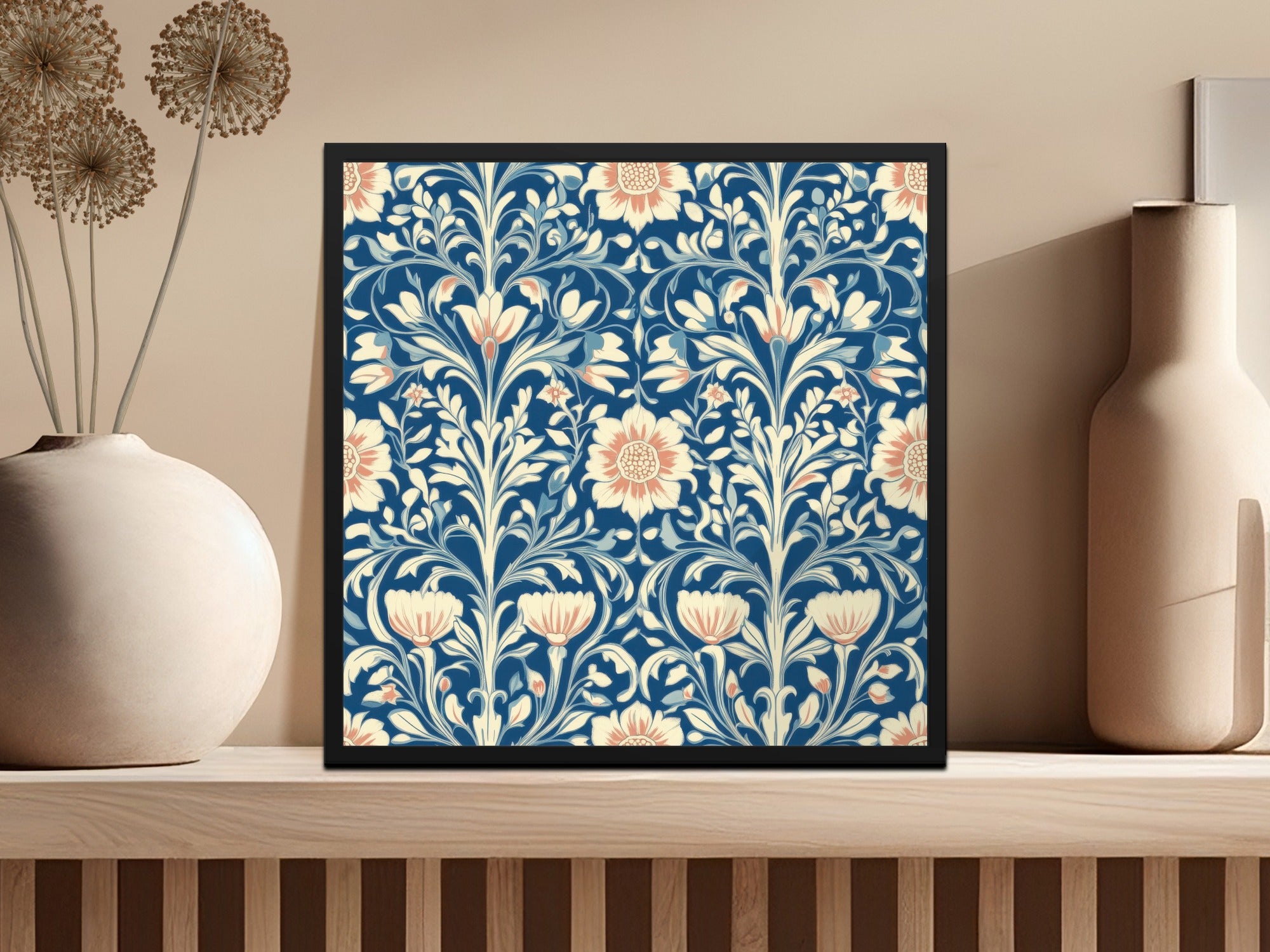 William Morris Vines Background Blue Beige Coral Digital