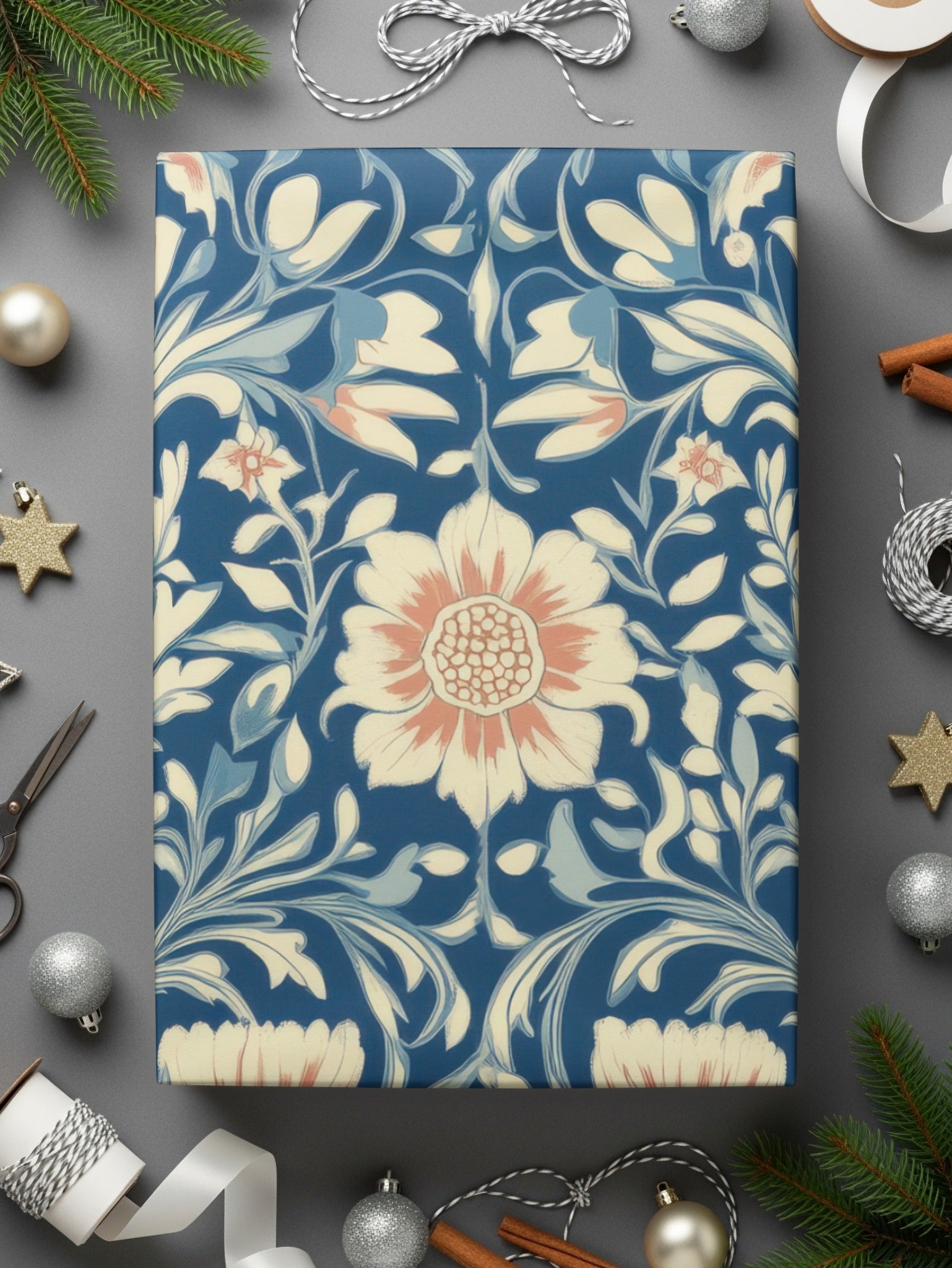 William Morris Vines Background Blue Beige Coral Digital