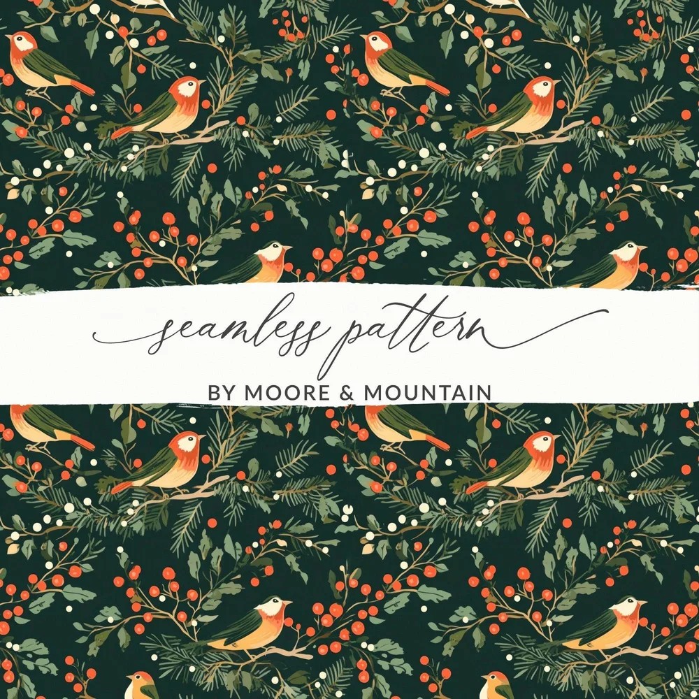 Winter Bird Seamless Pattern, Digital Paper, Christmas Design, Holiday Fabric Design, Seamless JPEG, 12x12 inches Digital Download