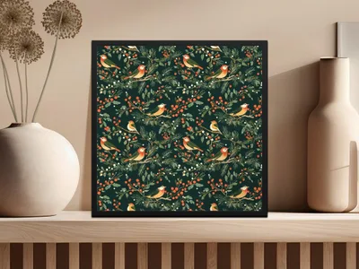 Winter Bird Seamless Pattern, Digital Paper, Christmas Design, Holiday Fabric Design, Seamless JPEG, 12x12 inches Digital Download