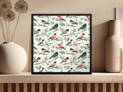 Winter Birds Sage Green and Pink Seamless Pattern JPEG for Commercial Use