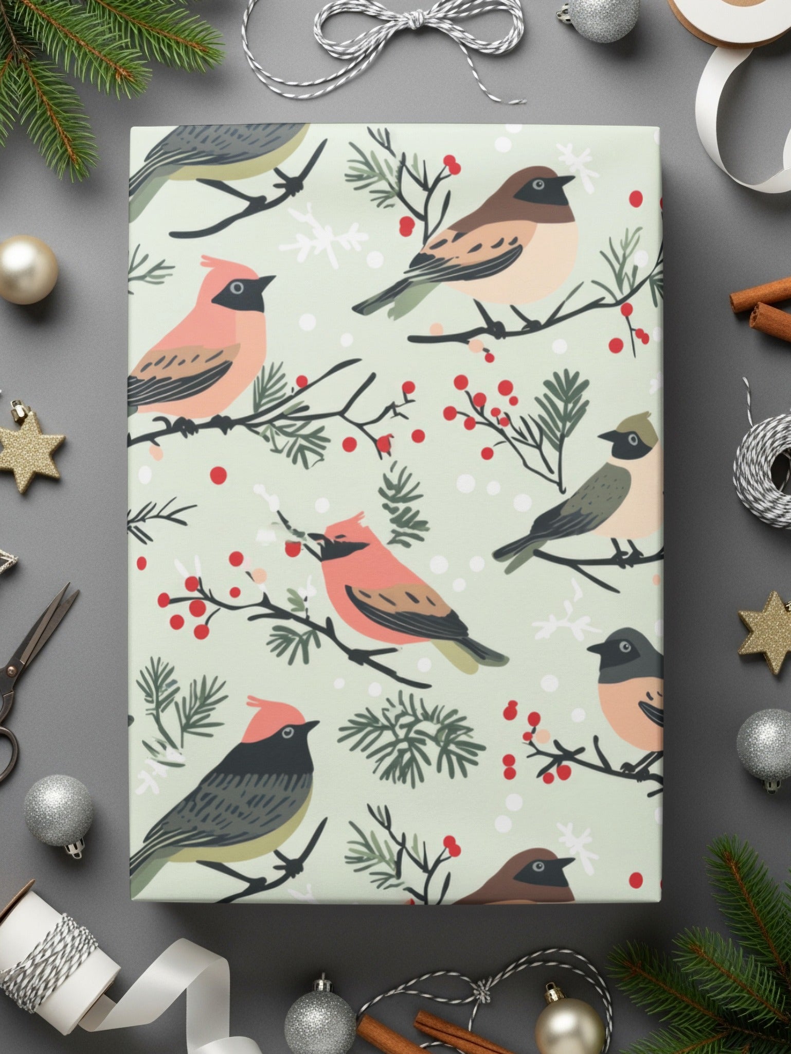 Winter Birds Sage Green and Pink Seamless Pattern JPEG for Commercial Use