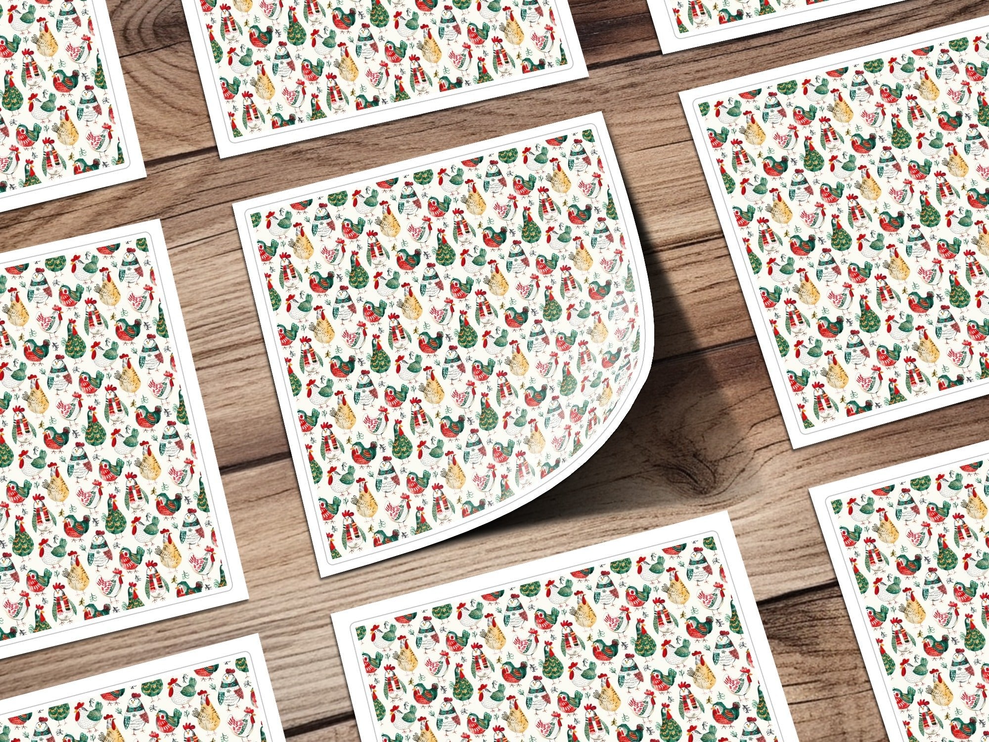 Winter Chickens Pattern Farm Animal Themed Christmas Digital