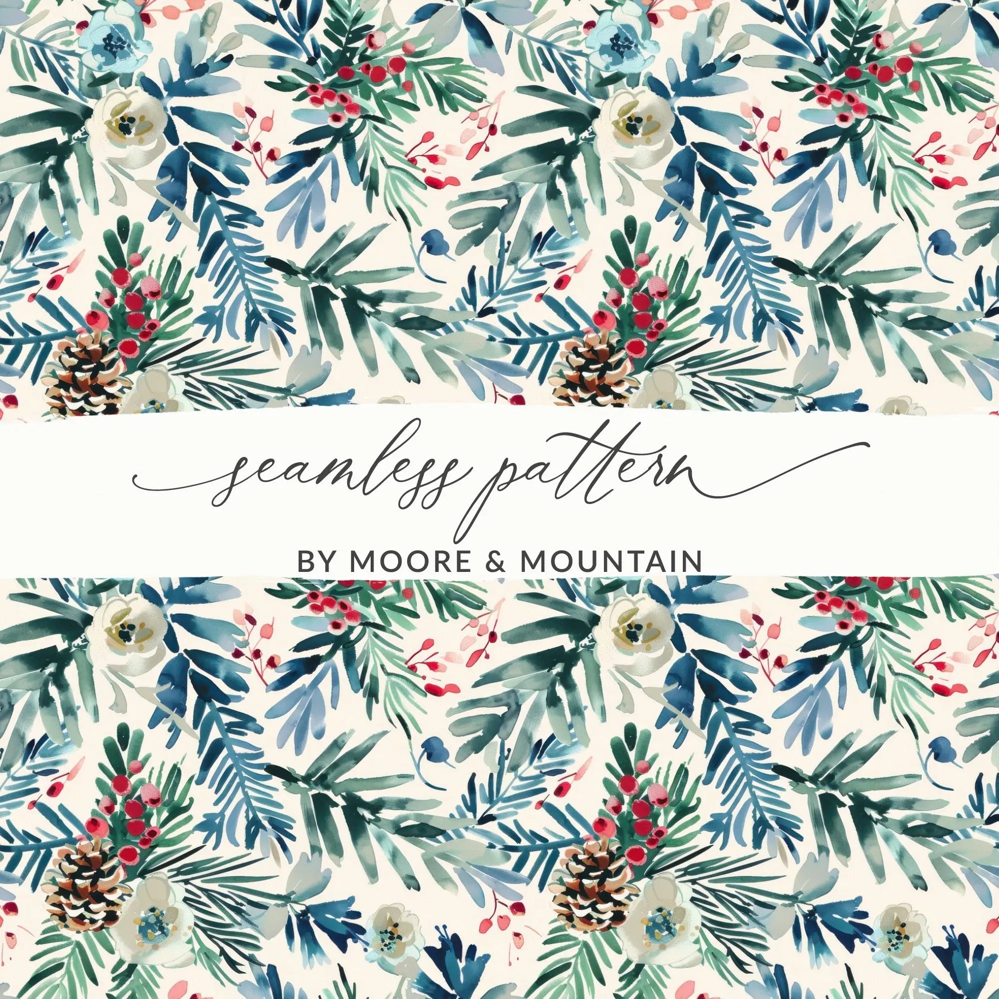 Winter Floral Digital Paper, Watercolor Seamless Pattern, Christmas Floral, Holiday Pattern, Pine Cone Digital Download