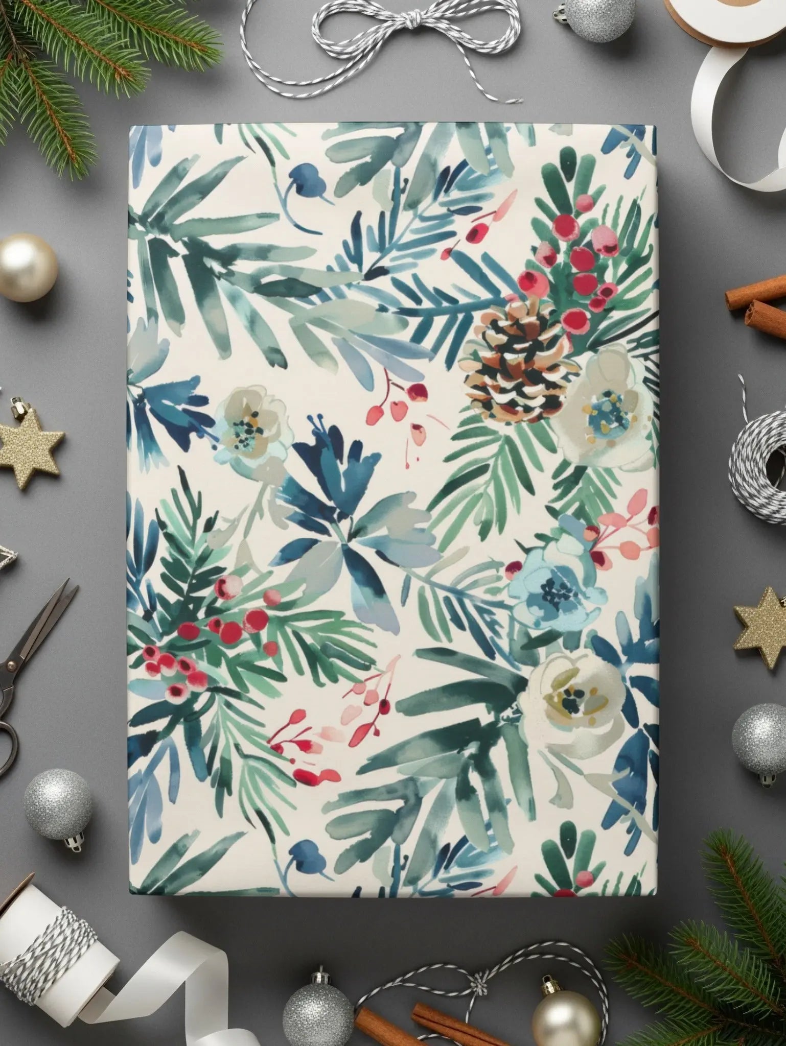 Winter Floral Digital Paper, Watercolor Seamless Pattern, Christmas Floral, Holiday Pattern, Pine Cone Digital Download