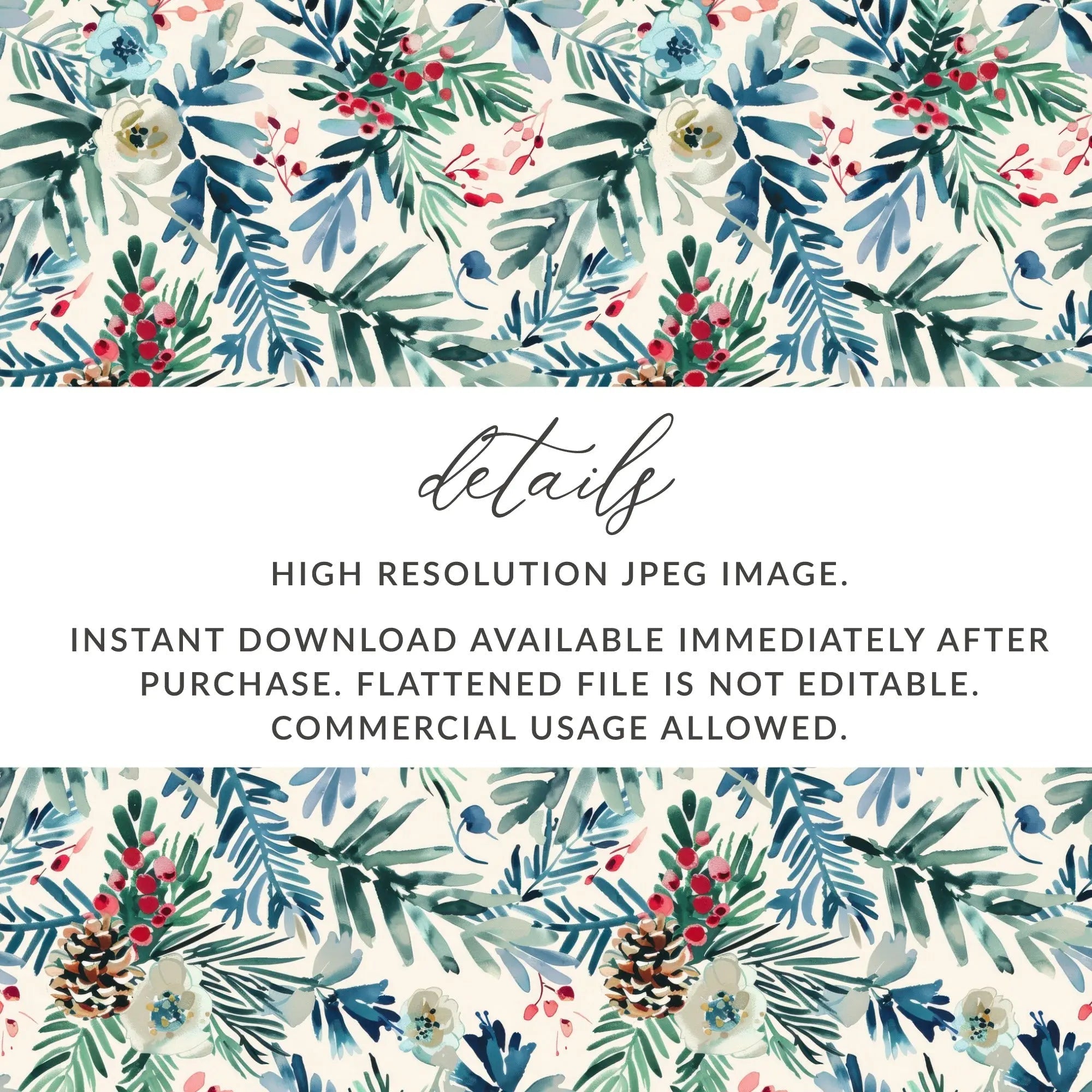 Winter Floral Digital Paper, Watercolor Seamless Pattern, Christmas Floral, Holiday Pattern, Pine Cone Digital Download