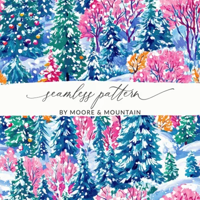Winter Forest Digital Paper, Blue Pink Christmas Tree Pattern, Holiday Seamless Pattern, Painterly Snowy Landscape for Fabric, Scrapbooking