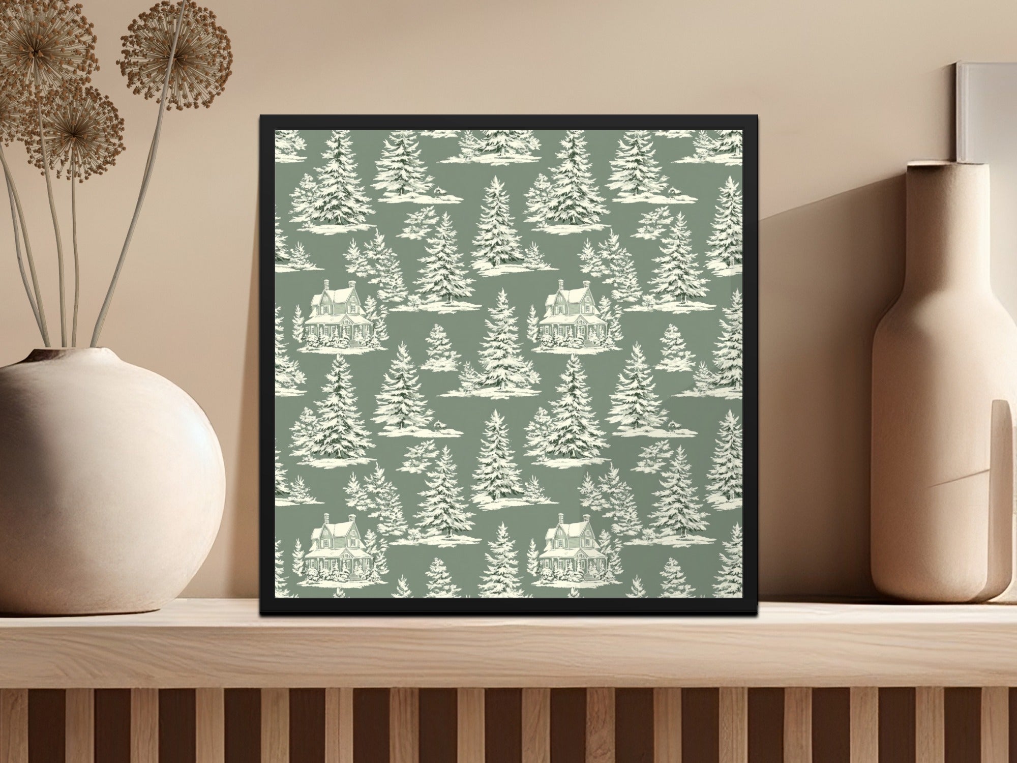 Winter Forest Digital Paper, Snowy House Seamless Pattern, Christmas Tree Digital Download, Holiday Scrapbook Paper, JPEG File, Repeat