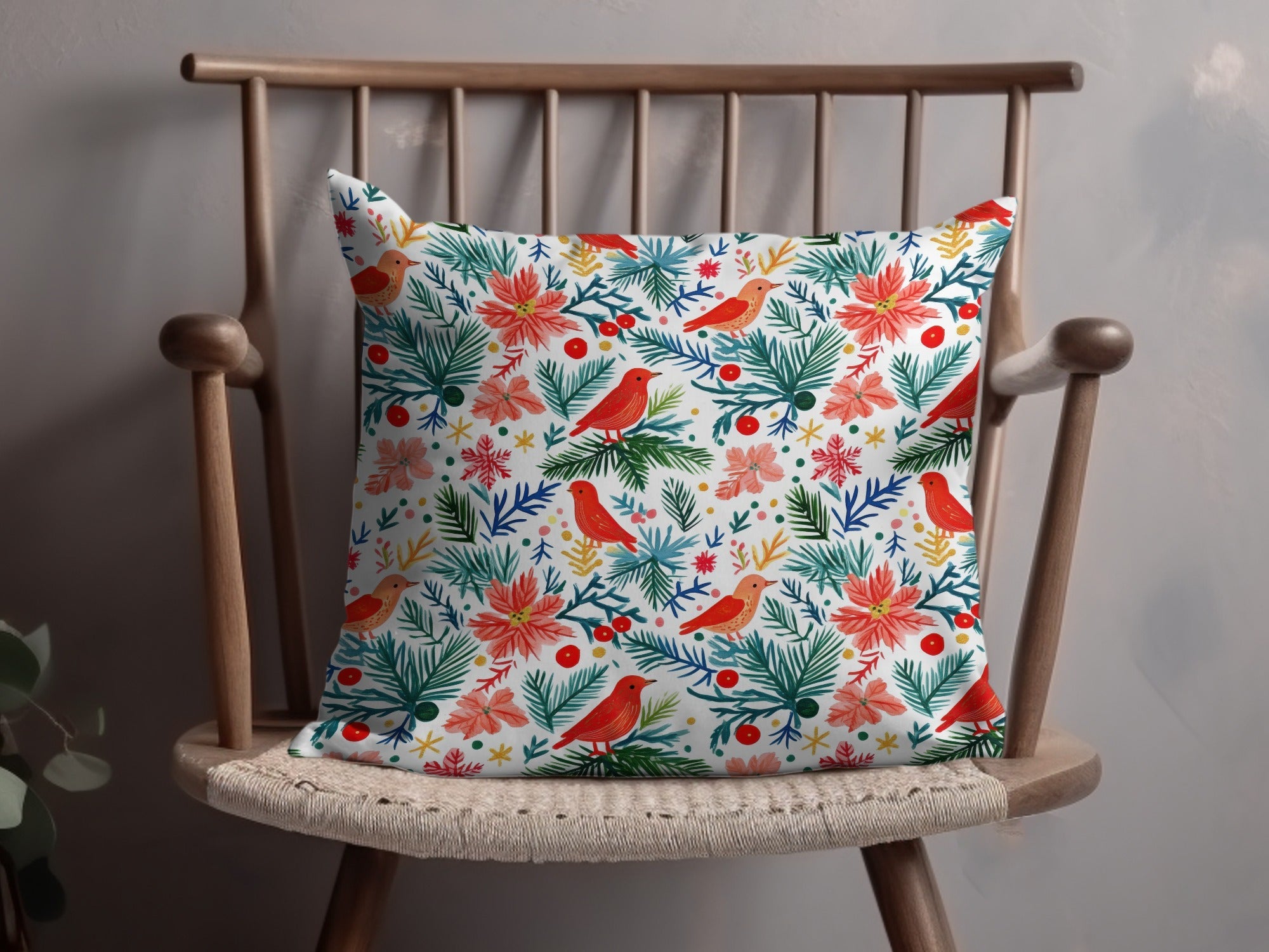 Winter Garden Birds Pine Branches Floral Pattern Digital