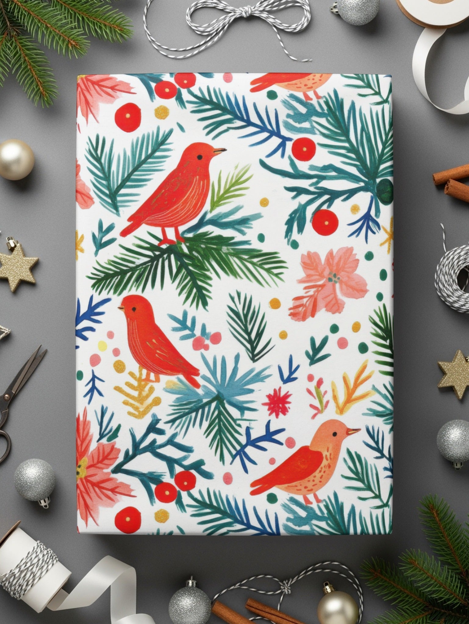 Winter Garden Birds Pine Branches Floral Pattern Digital