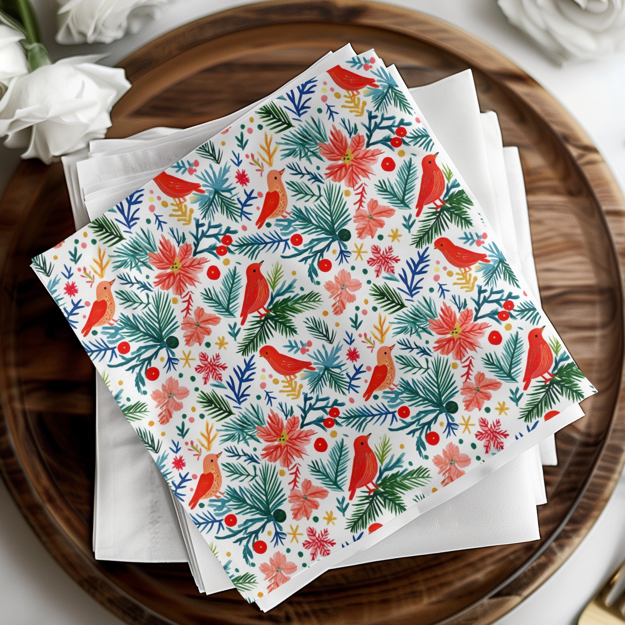 Winter Garden Birds Pine Branches Floral Pattern Digital