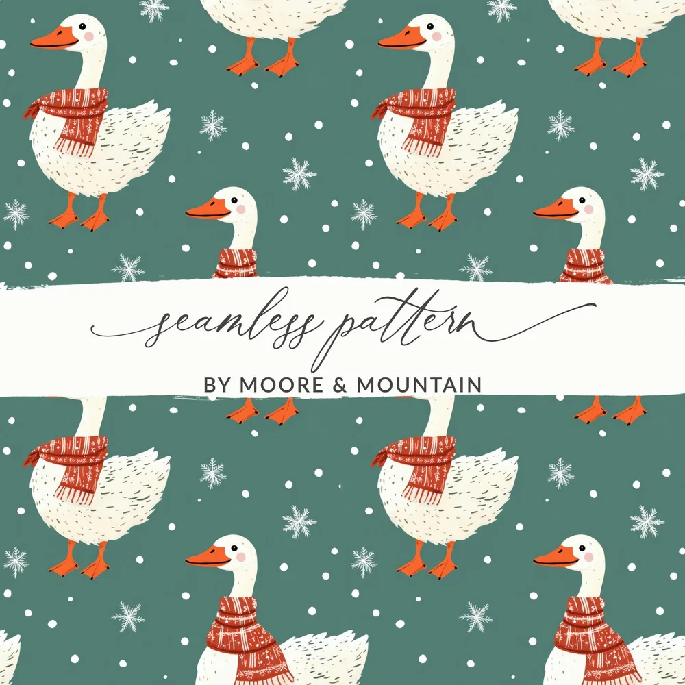 Winter Goose Digital Paper, Seamless Pattern, Snowy Teal Background, Cute Animal Print, Cozy Scarf Design, Digital Download