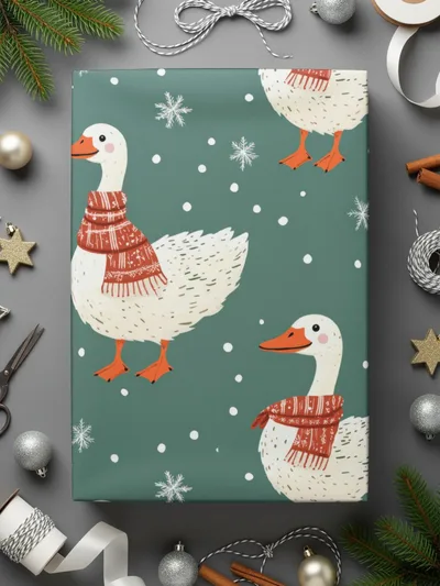 Winter Goose Digital Paper, Seamless Pattern, Snowy Teal Background, Cute Animal Print, Cozy Scarf Design, Digital Download