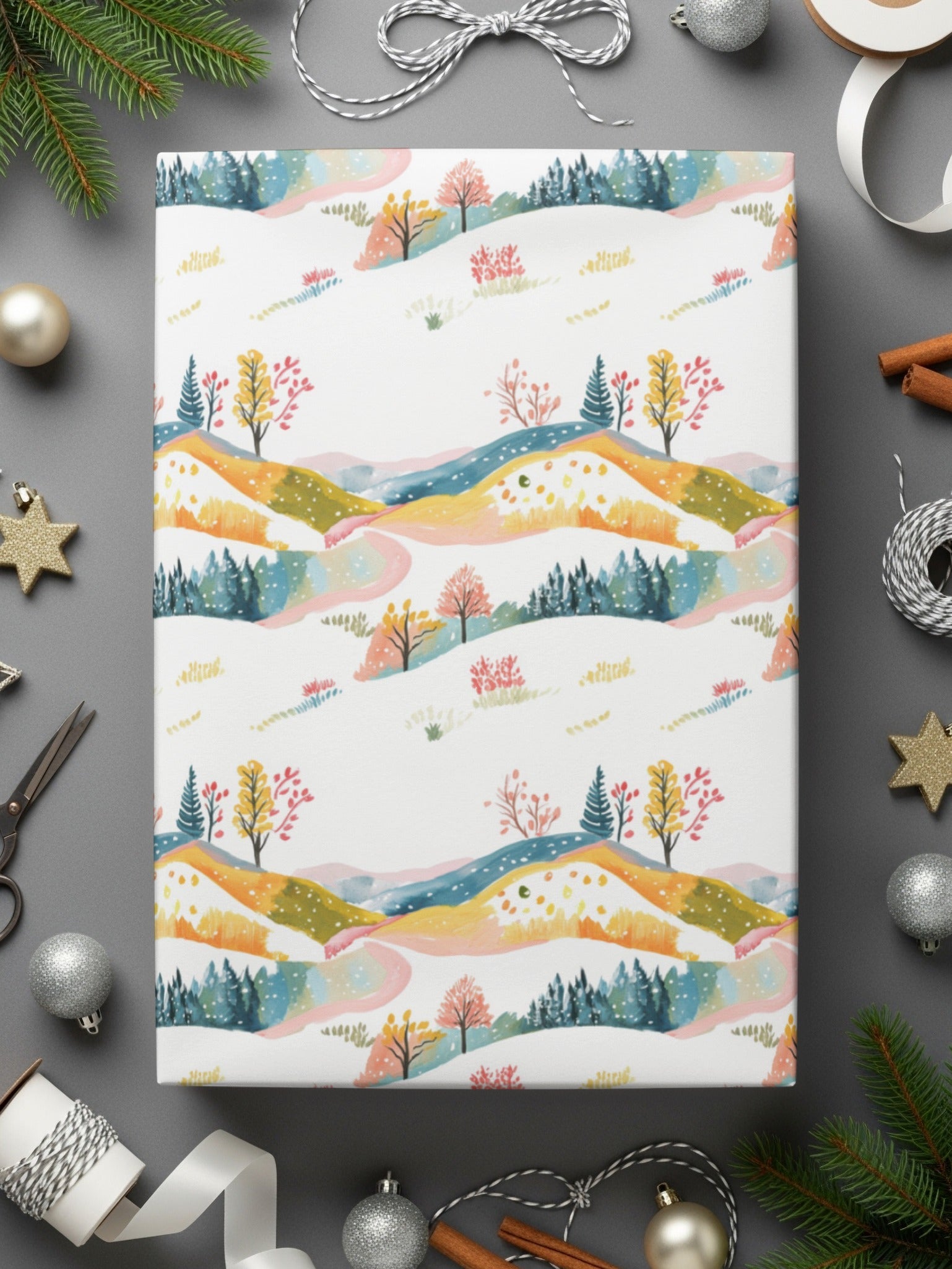 Winter Landscape Seamless Pattern, Watercolor Hillside Digital Paper, Christmas Scenery Fabric Design, Surface Pattern, Digital Download