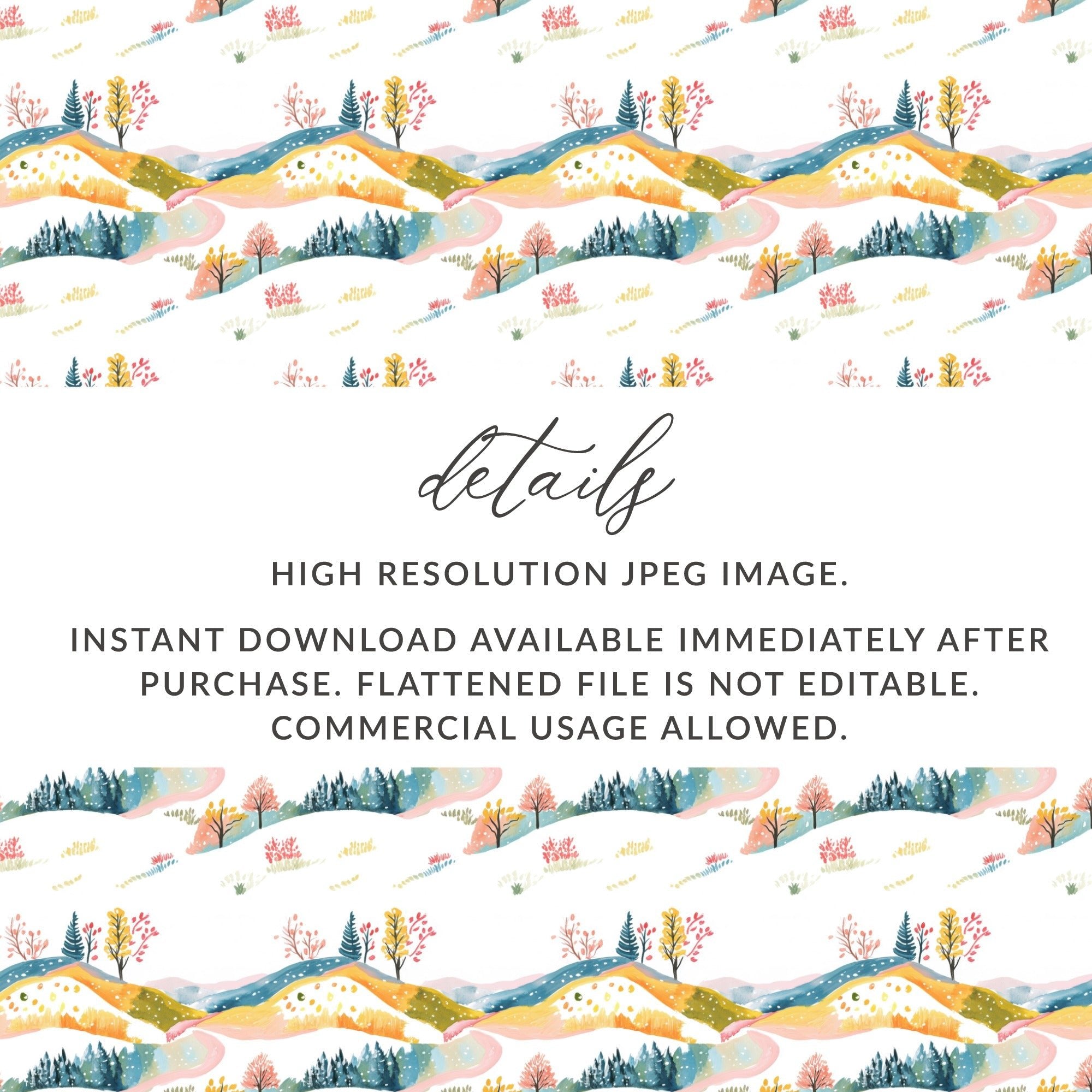 Winter Landscape Seamless Pattern, Watercolor Hillside Digital Paper, Christmas Scenery Fabric Design, Surface Pattern, Digital Download