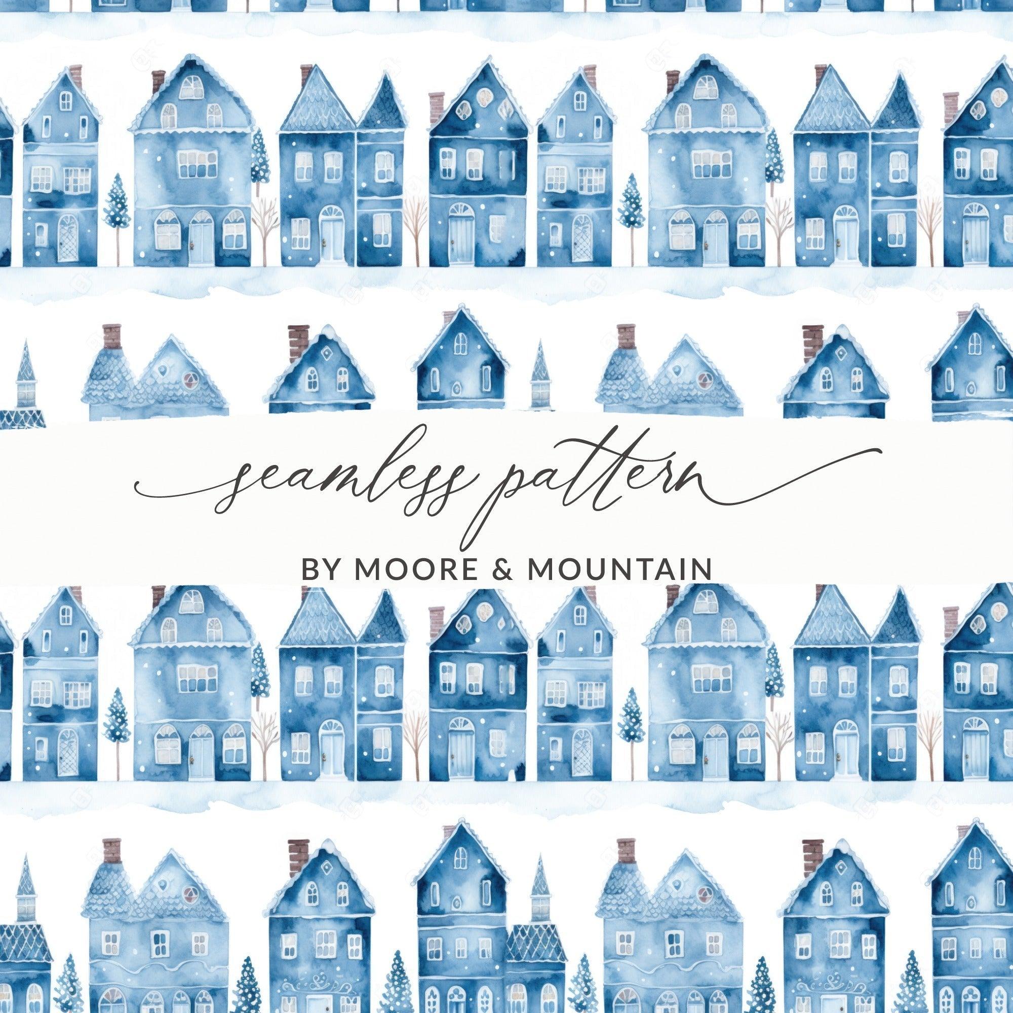 Winter Village Digital Paper, Blue House Seamless Pattern, Watercolor Christmas Town Clipart, Holiday Cottage Digital Download