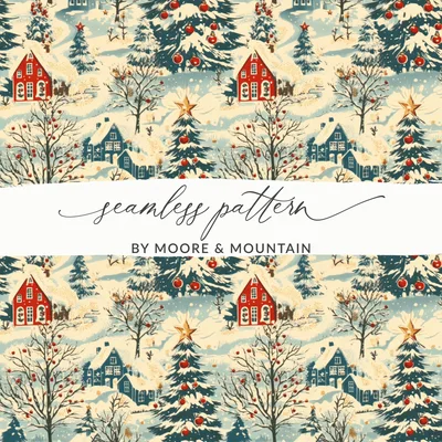 Winter Village Digital Paper, Christmas Seamless Pattern, Holiday Scene JPEG, Cozy Cottage Design, Scrapbook Paper, Printable Fabric