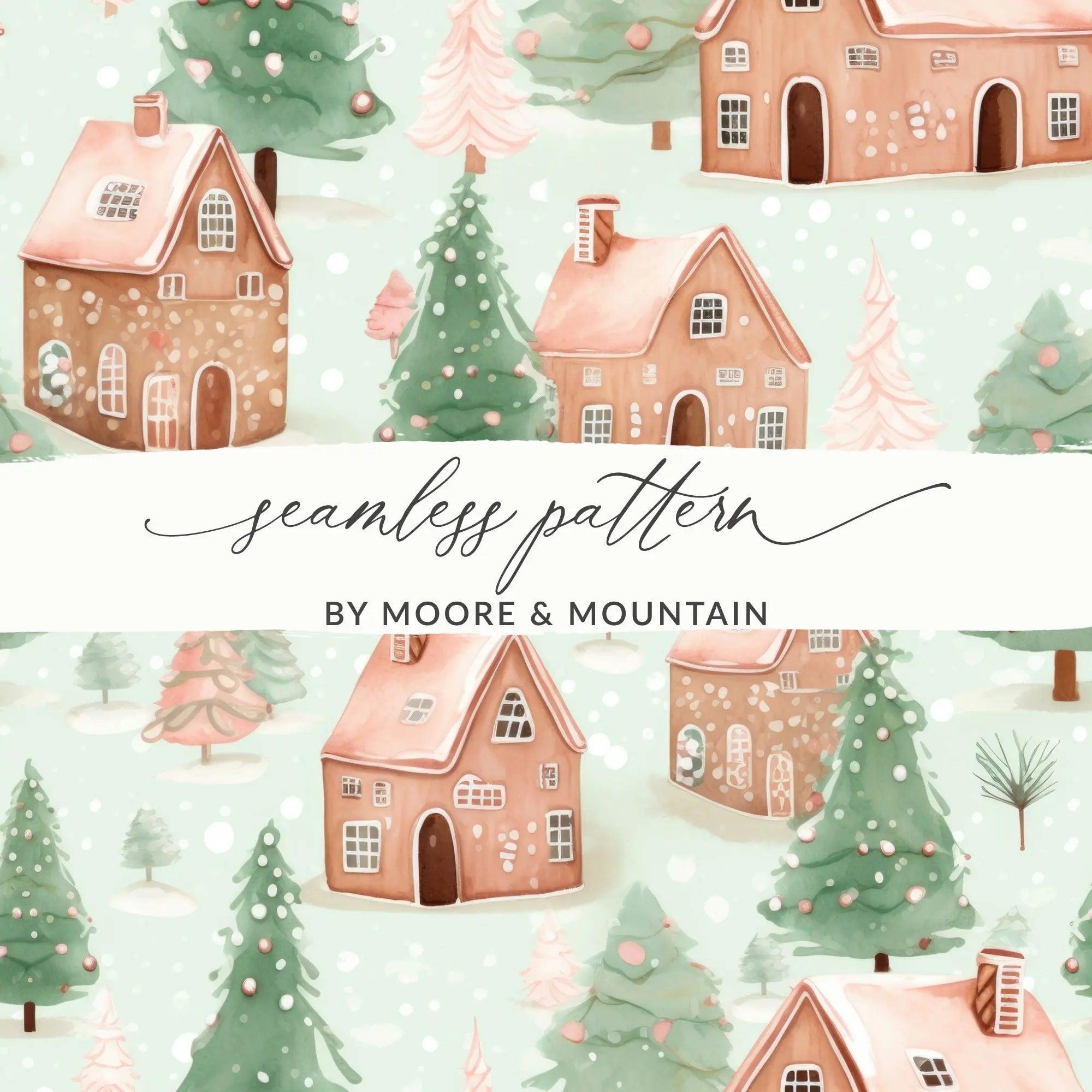 Winter Village Digital Paper, Christmas Seamless Pattern, Watercolor Gingerbread Houses, Holiday Design, Digital Download for Crafts