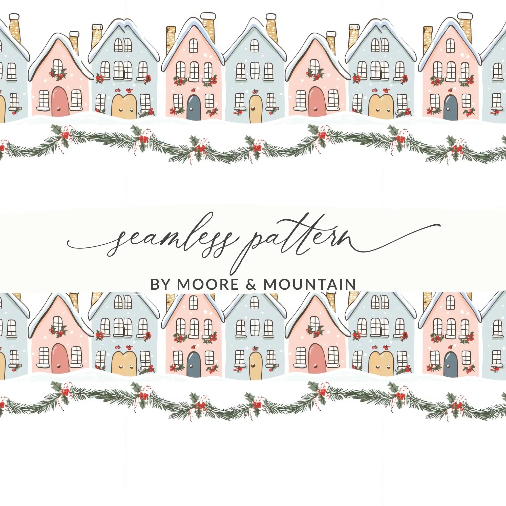 Winter Village Seamless Pattern Digital Paper, Holiday Townscape, Christmas Cottage Print, 12x12 JPEG Files, Digital Download