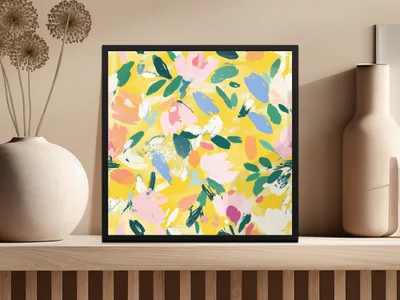 Yellow Abstract Floral Seamless Pattern, Acrylic Painting Digital Paper, Modern Gouache Painted Fabric Design, Fine Art Floral Texture