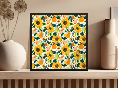 Yellow Autumn Sunflowers Seamless and Pears Digital