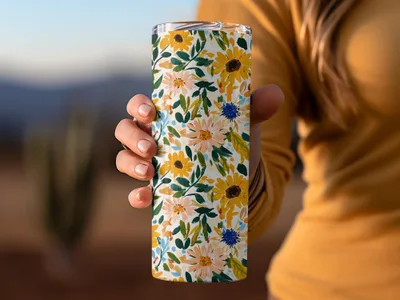 Yellow Blush Gouache Sunflowers Seamless Fall Floral Pattern